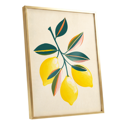 Citrus Colourplay, yellow, green, beige nature wall art shown as a gold framed poster wall art print