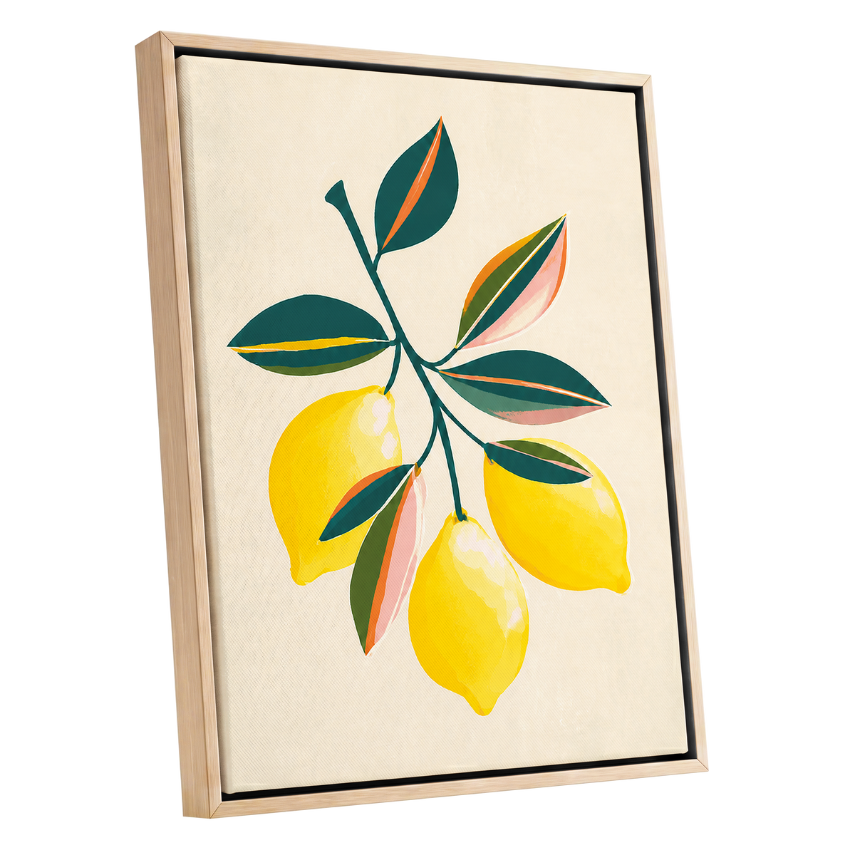 Citrus Colourplay, yellow, green, beige nature wall art shown as a oak framed canvas wall art