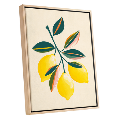 Citrus Colourplay, yellow, green, beige nature wall art shown as a oak framed canvas wall art