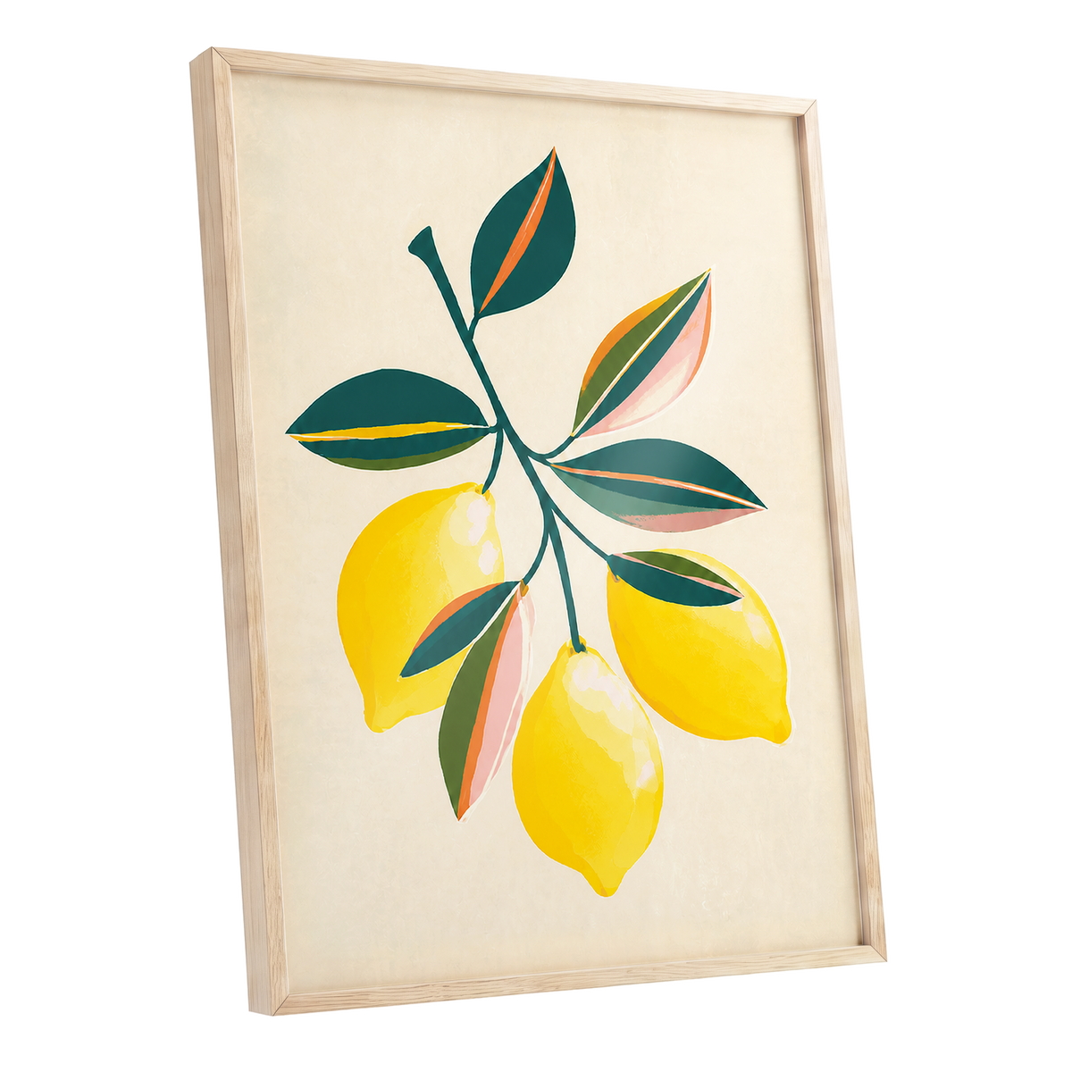 Citrus Colourplay, yellow, green, beige nature wall art shown as a oak framed poster wall art print