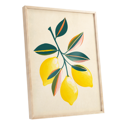 Citrus Colourplay, yellow, green, beige nature wall art shown as a oak framed poster wall art print