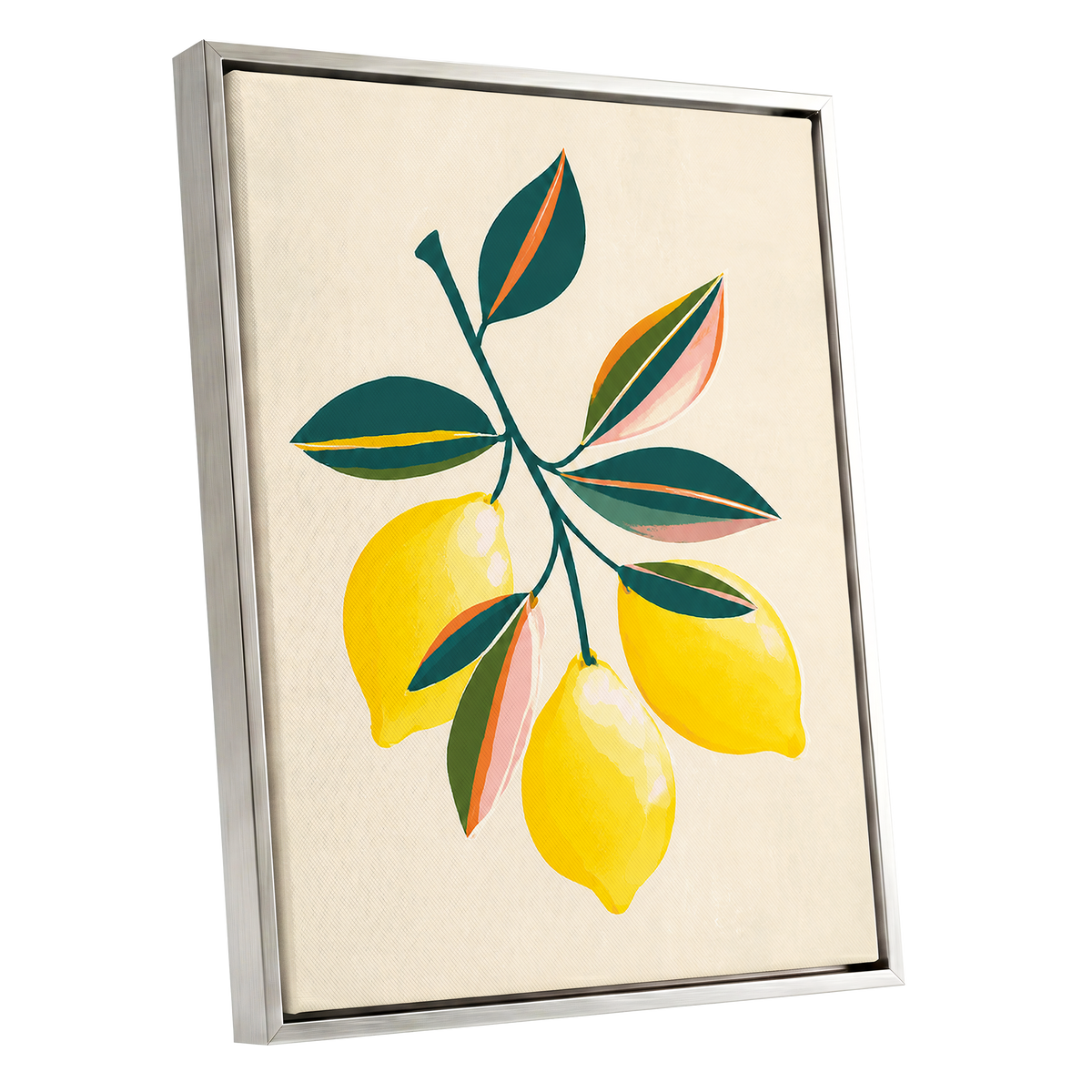 Citrus Colourplay, yellow, green, beige nature wall art shown as a silver framed canvas wall art