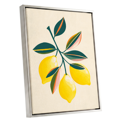 Citrus Colourplay, yellow, green, beige nature wall art shown as a silver framed canvas wall art