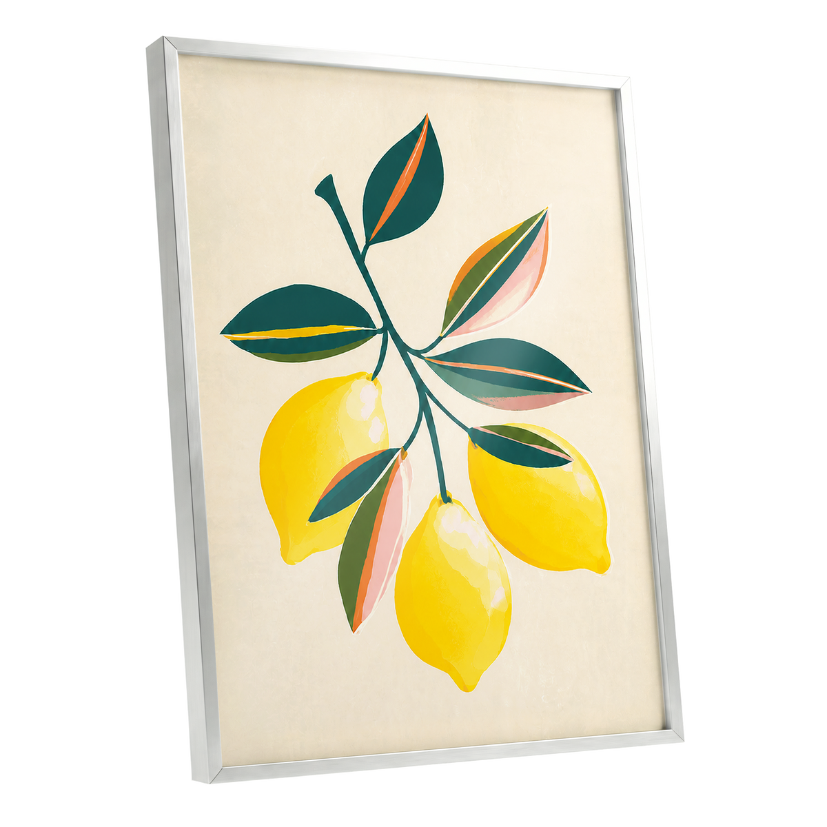 Citrus Colourplay, yellow, green, beige nature wall art shown as a silver framed poster wall art print