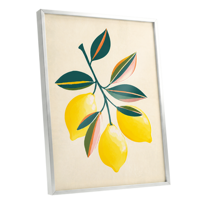 Citrus Colourplay, yellow, green, beige nature wall art shown as a silver framed poster wall art print