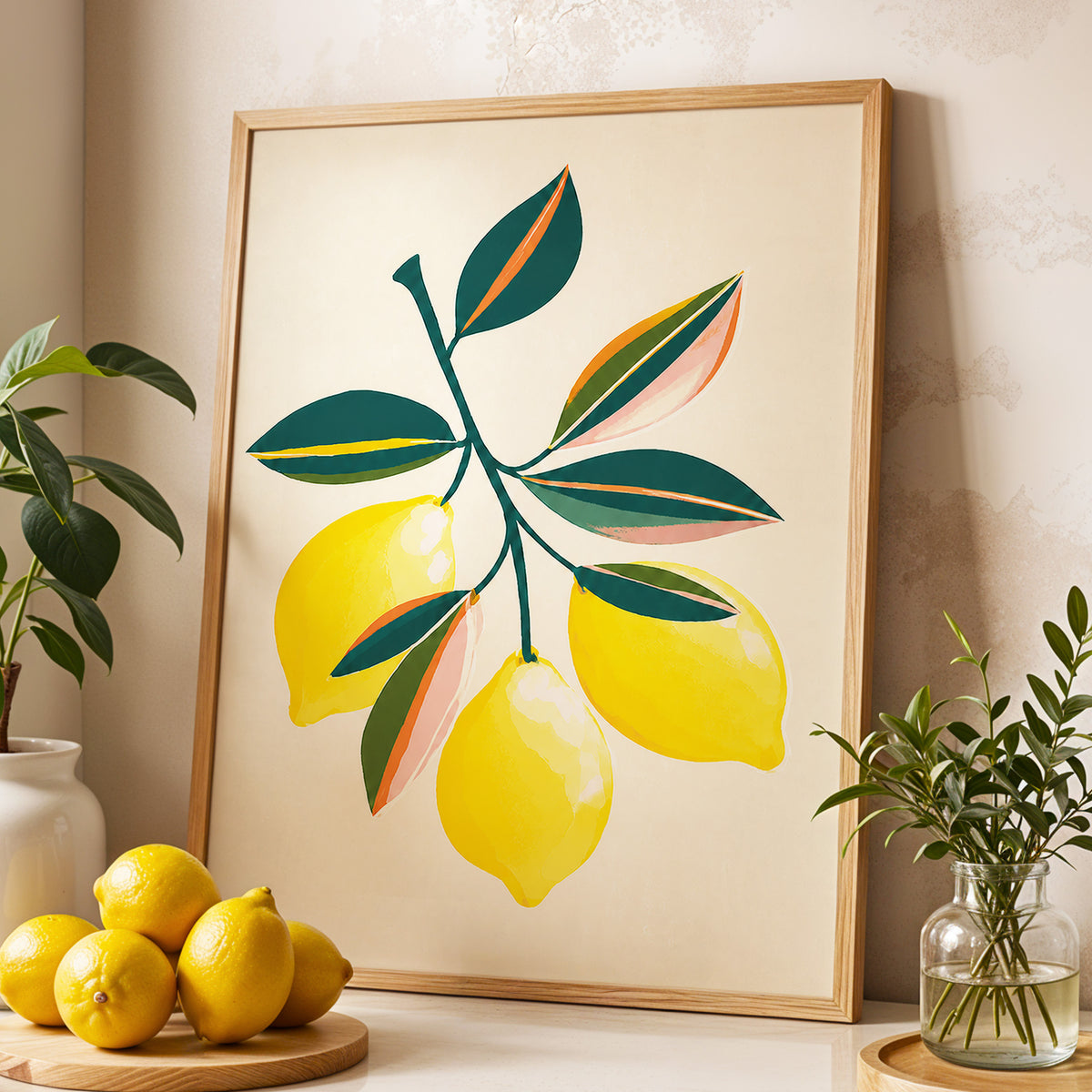 Citrus Colourplay, yellow, green, beige nature wall art displayed in a styled interior, gallery view 2