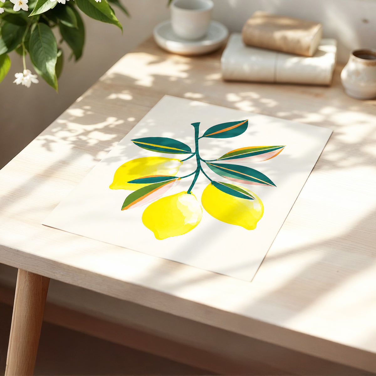 Citrus Colourplay, yellow, green, beige nature wall art displayed in a styled interior, gallery view 5