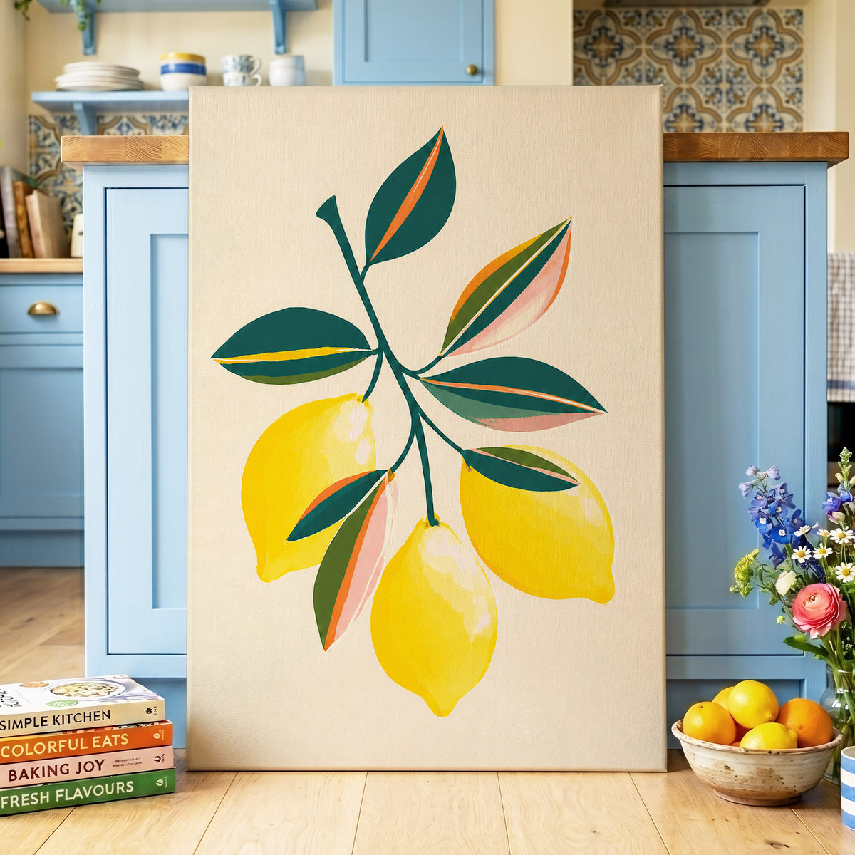 Citrus Colourplay, yellow, green, beige nature wall art displayed in a styled interior, gallery view 7