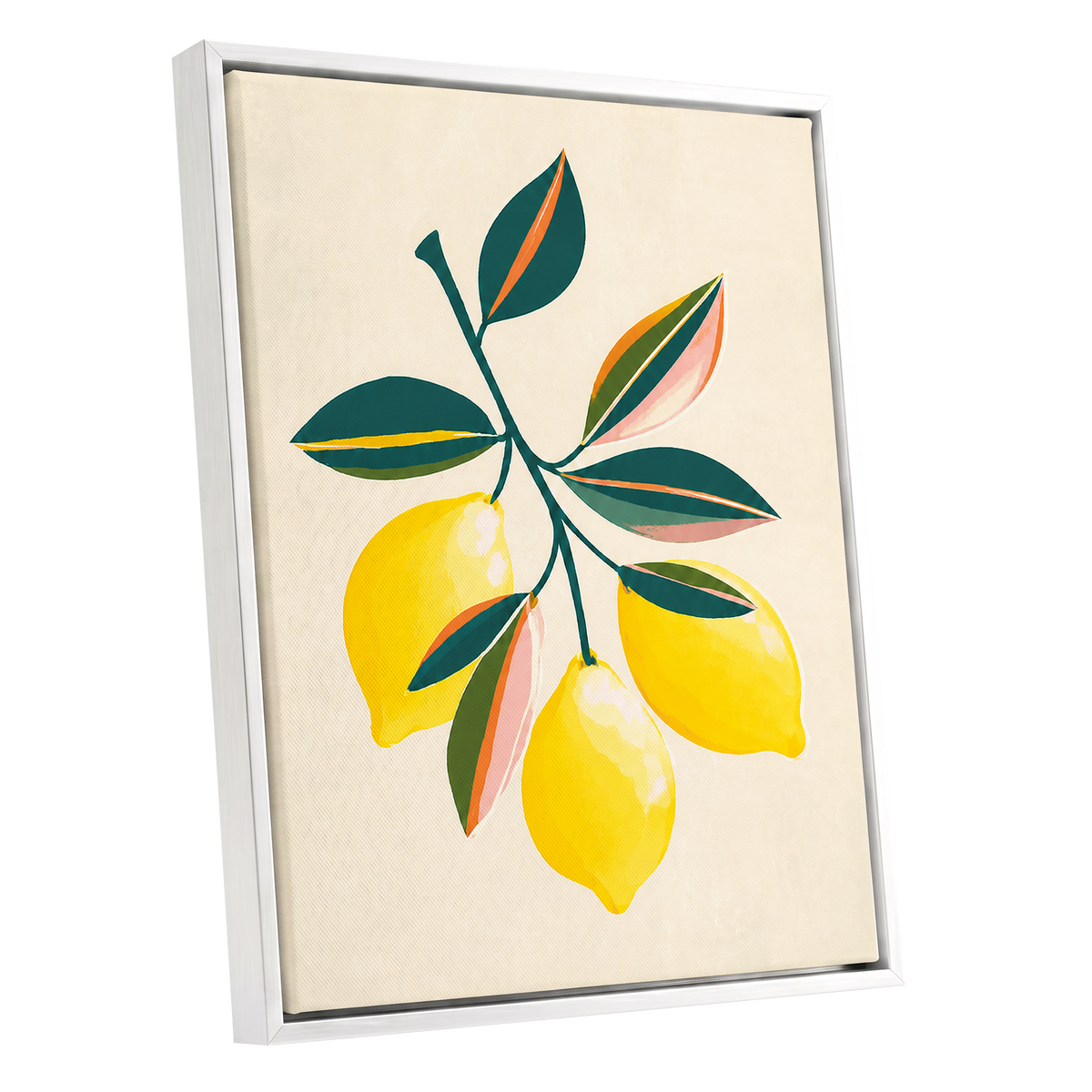 Citrus Colourplay, yellow, green, beige nature wall art shown as a white framed canvas wall art