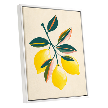 Citrus Colourplay, yellow, green, beige nature wall art shown as a white framed canvas wall art