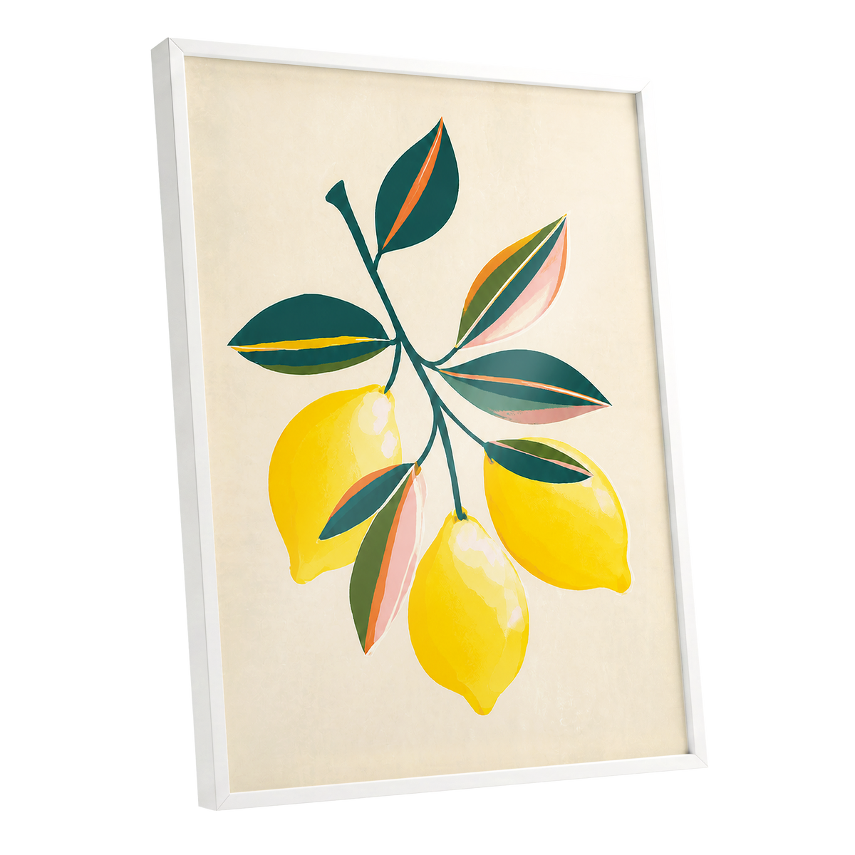 Citrus Colourplay, yellow, green, beige nature wall art shown as a white framed poster wall art print