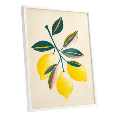 Citrus Colourplay, yellow, green, beige nature wall art shown as a white framed poster wall art print