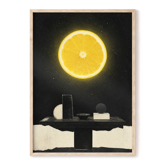 Citrus Eclipse, black, yellow, beige nature wall art, front artwork view