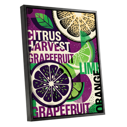Citrus Harvest Collage, purple, green, beige nature wall art shown as a black framed canvas wall art