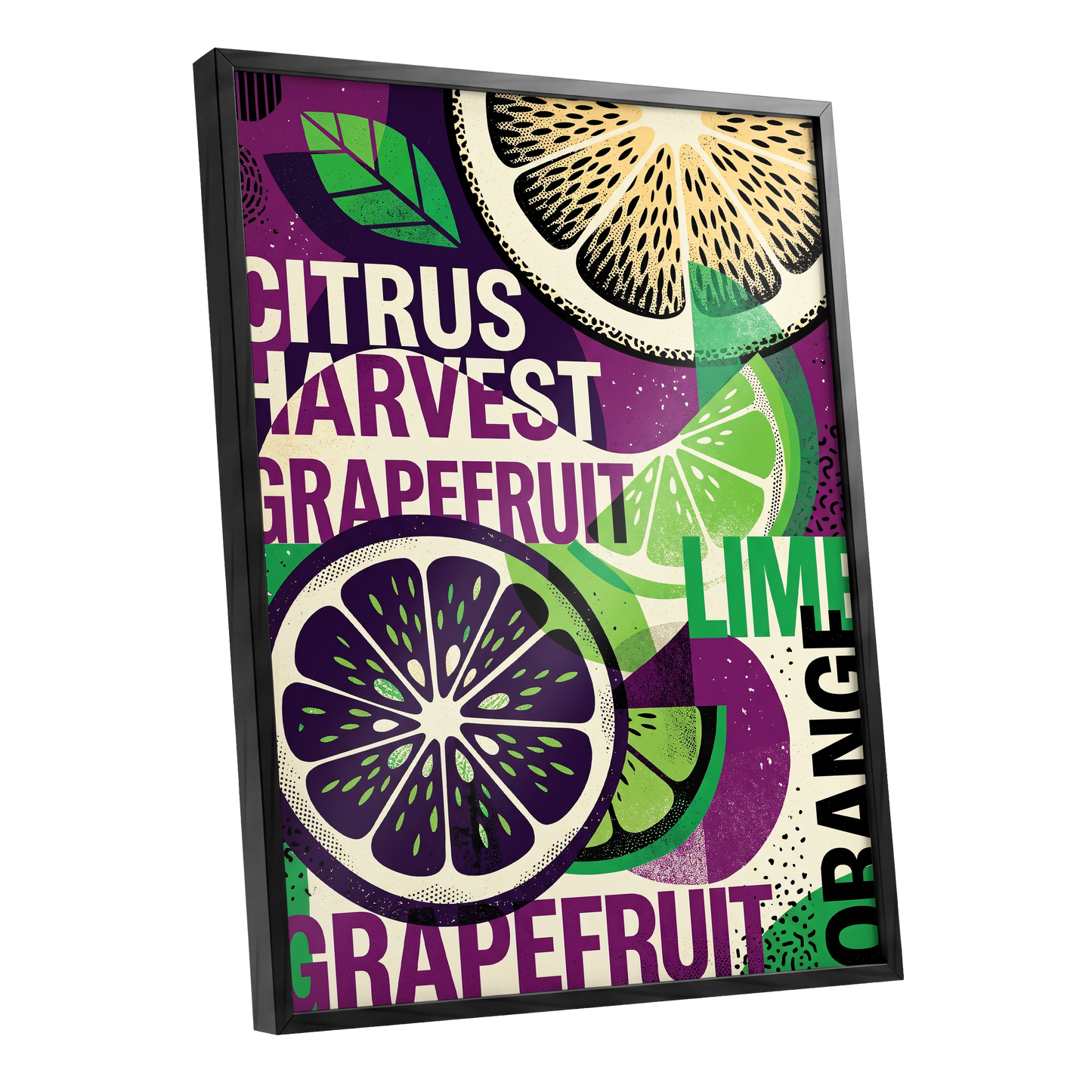Citrus Harvest Collage, purple, green, beige nature wall art shown as a black framed poster wall art print