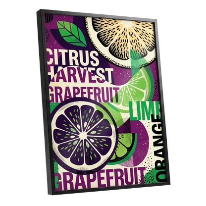 Citrus Harvest Collage, purple, green, beige nature wall art shown as a black framed poster wall art print