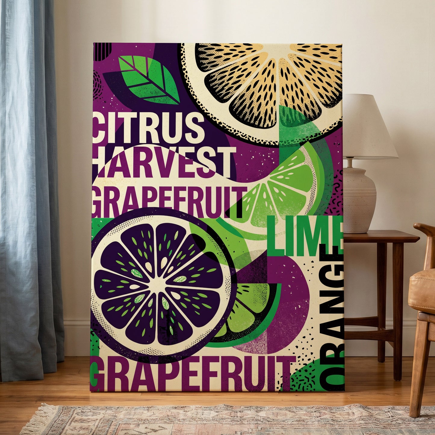 Citrus Harvest Collage, purple, green, beige nature wall art on canvas displayed in a styled interior, gallery view 1