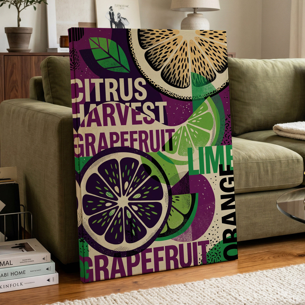 Citrus Harvest Collage, purple, green, beige nature wall art on canvas displayed in a styled interior, gallery view 2