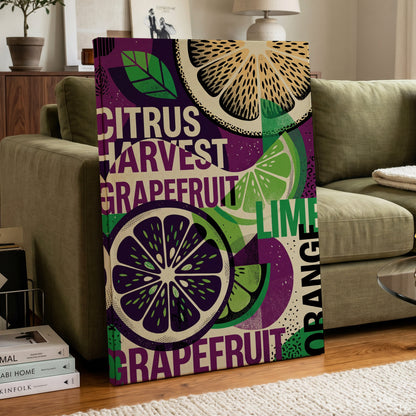 Citrus Harvest Collage, purple, green, beige nature wall art on canvas displayed in a styled interior, gallery view 2