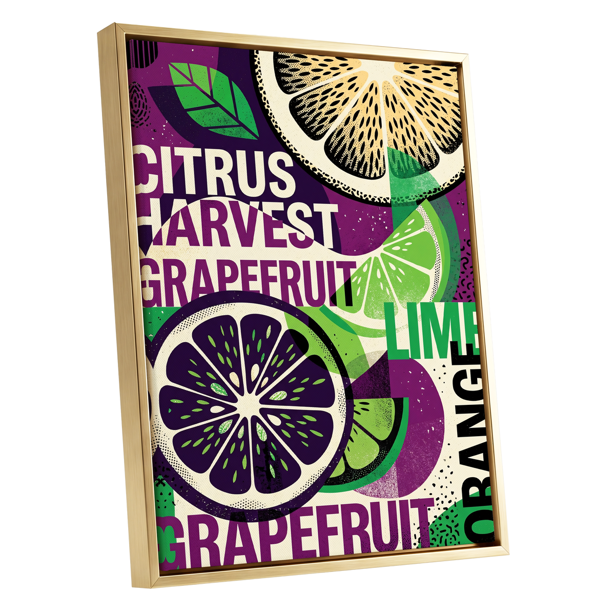 Citrus Harvest Collage, purple, green, beige nature wall art shown as a gold framed canvas wall art
