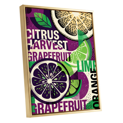 Citrus Harvest Collage, purple, green, beige nature wall art shown as a gold framed canvas wall art