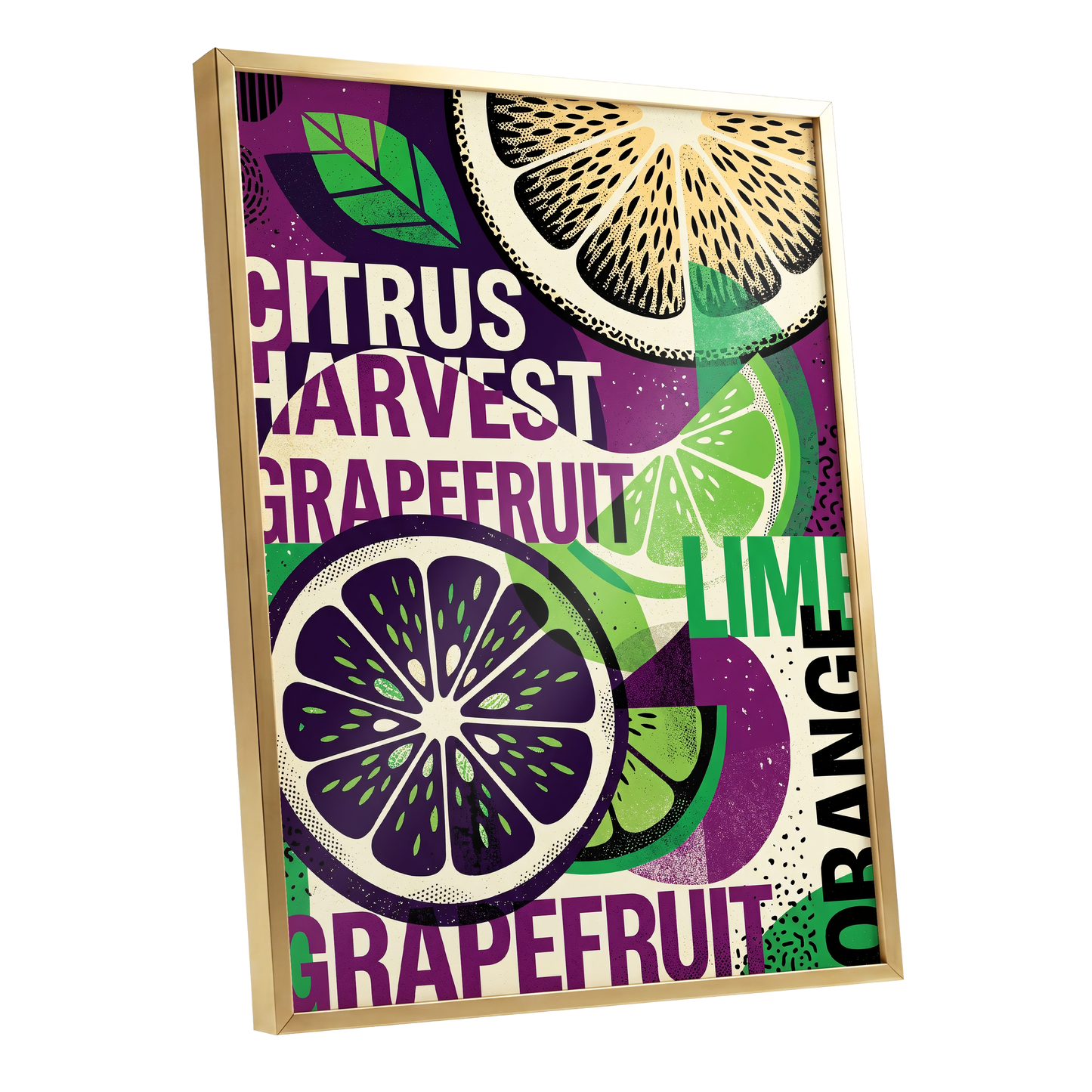 Citrus Harvest Collage, purple, green, beige nature wall art shown as a gold framed poster wall art print