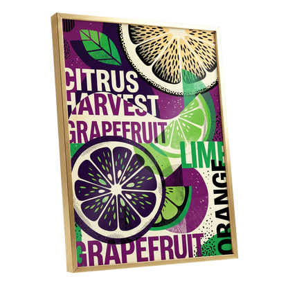 Citrus Harvest Collage, purple, green, beige nature wall art shown as a gold framed poster wall art print