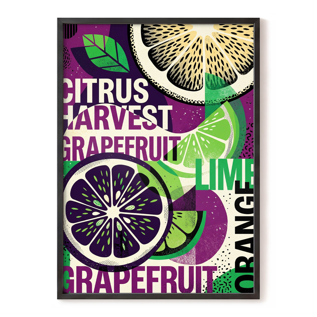 Citrus Harvest Collage, purple, green, beige nature wall art, front artwork view