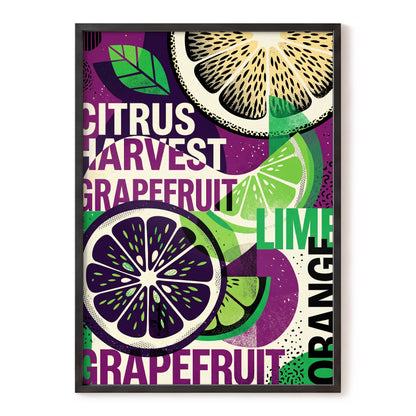 Citrus Harvest Collage, purple, green, beige nature wall art, front artwork view