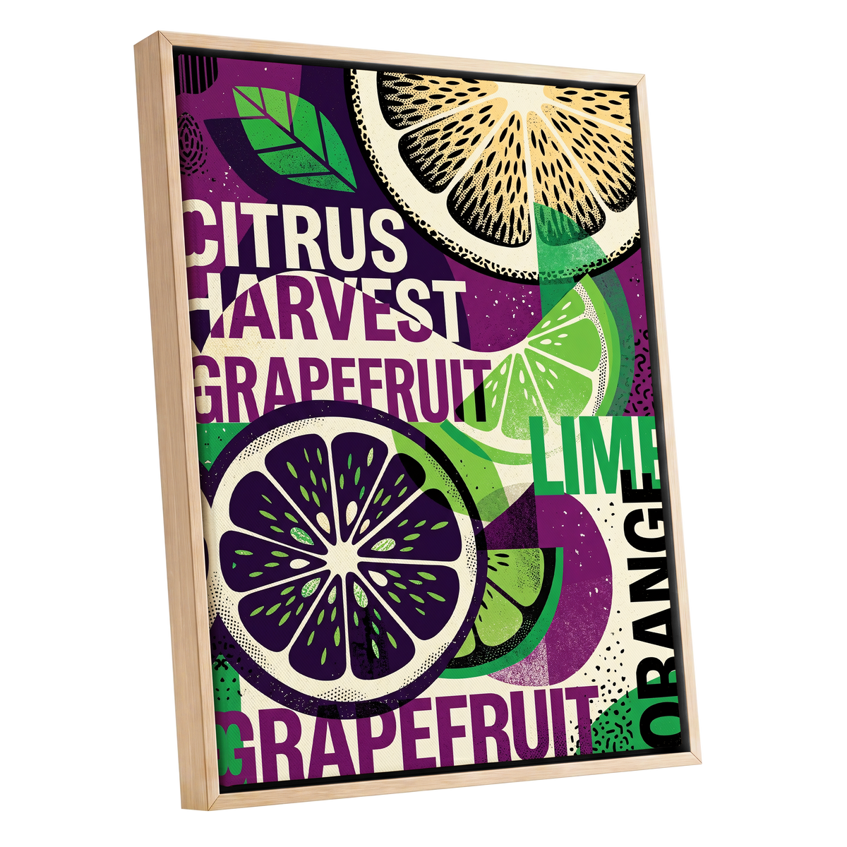 Citrus Harvest Collage, purple, green, beige nature wall art shown as a oak framed canvas wall art