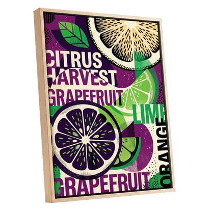 Citrus Harvest Collage, purple, green, beige nature wall art shown as a oak framed canvas wall art