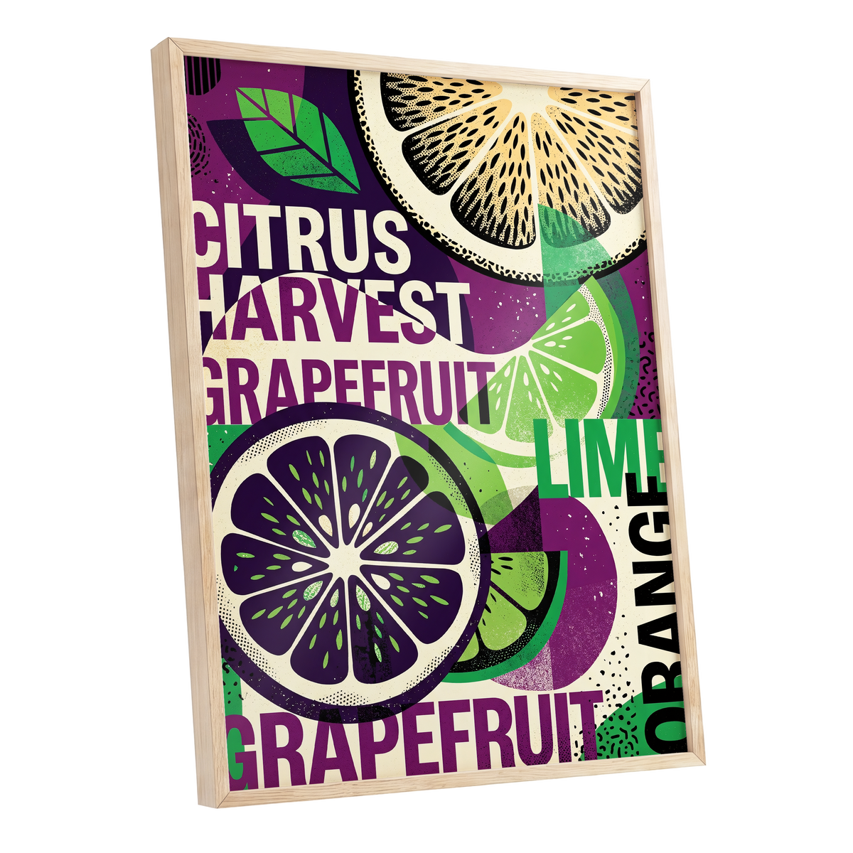 Citrus Harvest Collage, purple, green, beige nature wall art shown as a oak framed poster wall art print