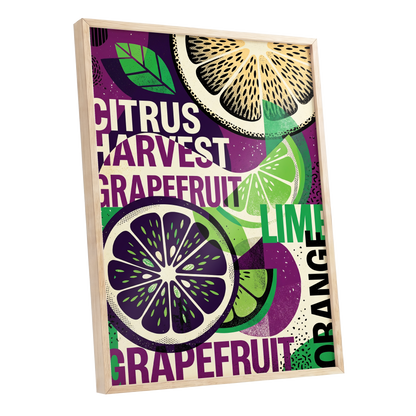Citrus Harvest Collage, purple, green, beige nature wall art shown as a oak framed poster wall art print