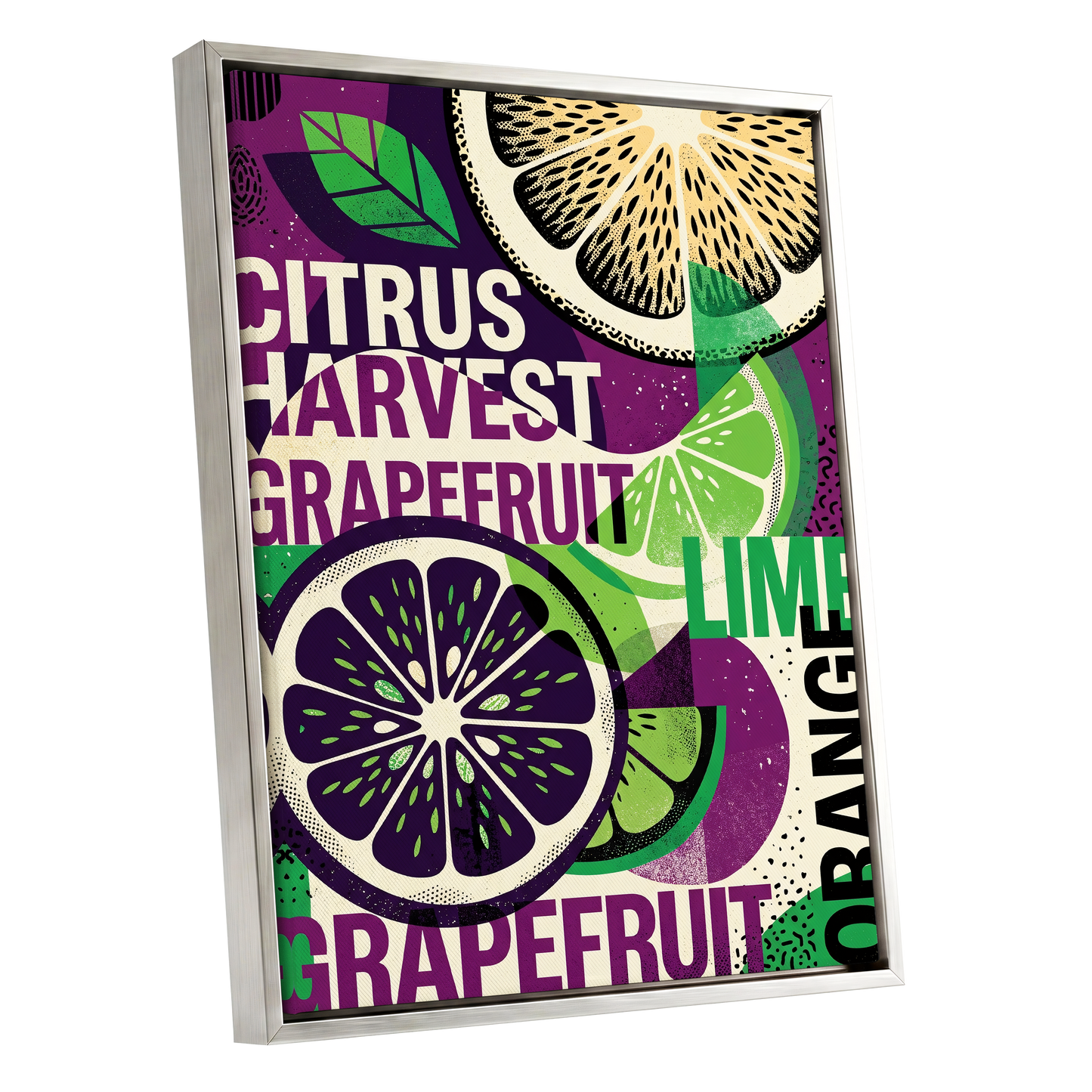 Citrus Harvest Collage, purple, green, beige nature wall art shown as a silver framed canvas wall art
