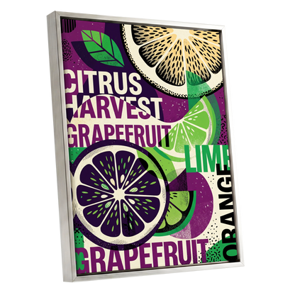 Citrus Harvest Collage, purple, green, beige nature wall art shown as a silver framed canvas wall art