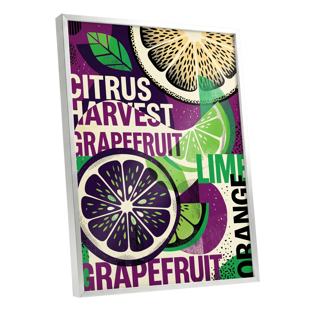 Citrus Harvest Collage, purple, green, beige nature wall art shown as a silver framed poster wall art print