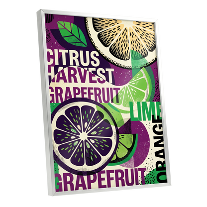 Citrus Harvest Collage, purple, green, beige nature wall art shown as a silver framed poster wall art print