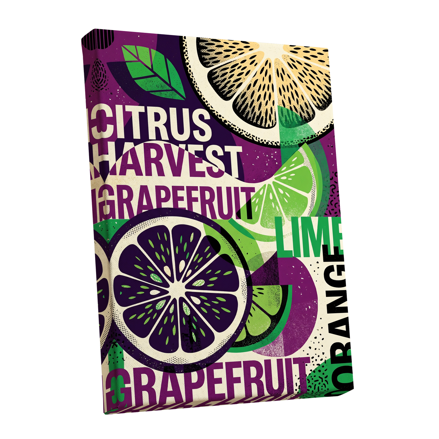Citrus Harvest Collage, purple, green, beige nature wall art shown as a stretched canvas wall art