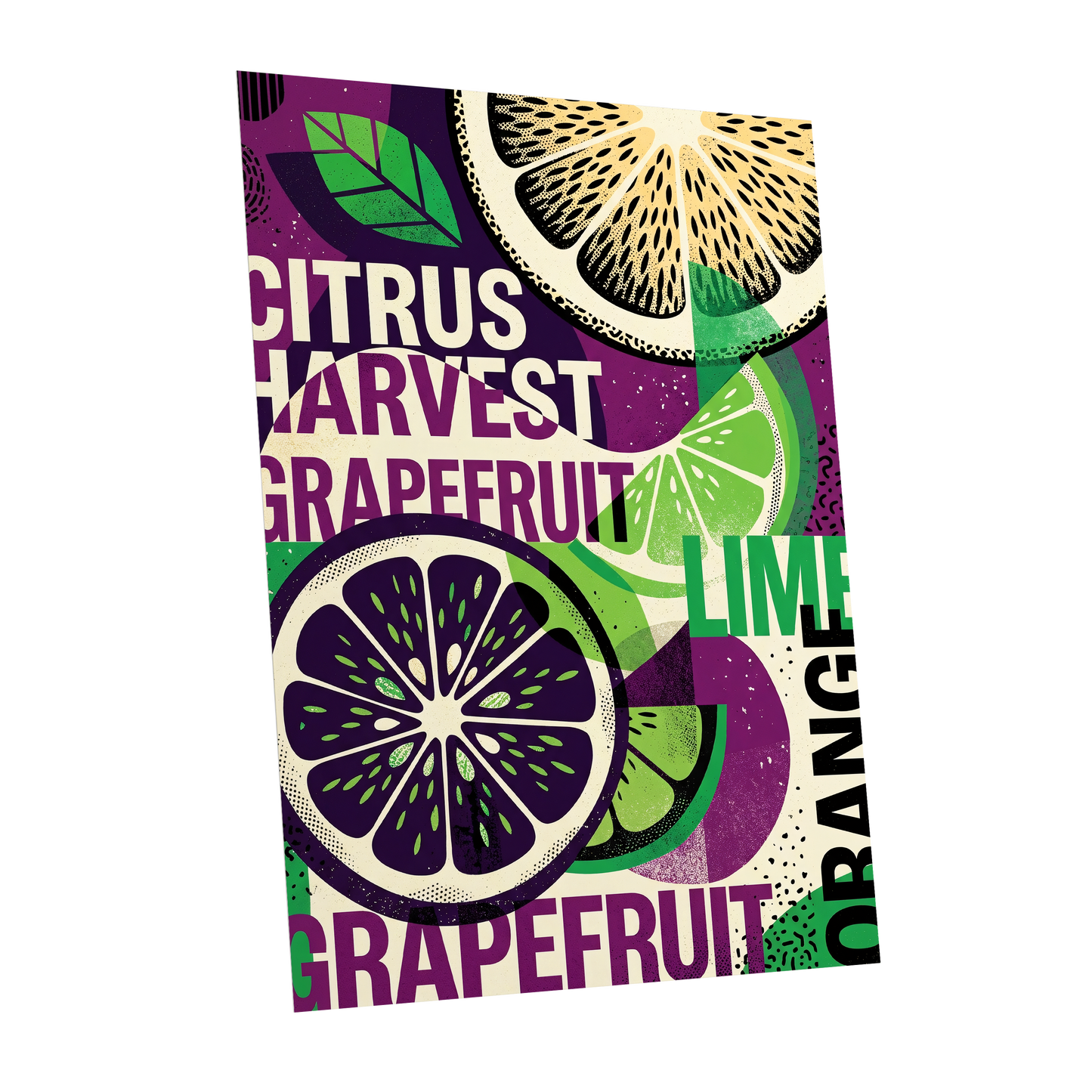Citrus Harvest Collage, purple, green, beige nature wall art shown as a unframed poster wall art print