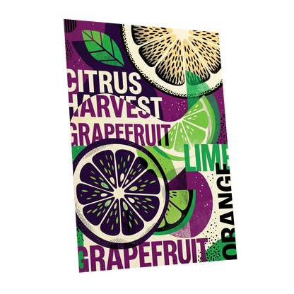 Citrus Harvest Collage, purple, green, beige nature wall art shown as a unframed poster wall art print