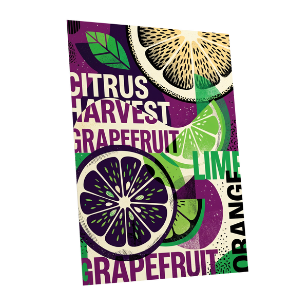 Citrus Harvest Collage, purple, green, beige nature wall art shown as a unframed poster wall art print