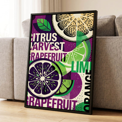 Citrus Harvest Collage, purple, green, beige nature wall art displayed in a styled interior, gallery view 1