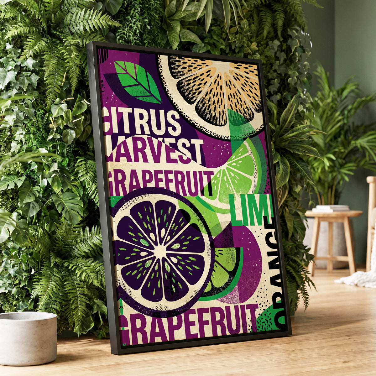 Citrus Harvest Collage, purple, green, beige nature wall art displayed in a styled interior, gallery view 2