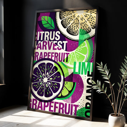 Citrus Harvest Collage, purple, green, beige nature wall art displayed in a styled interior, gallery view 3