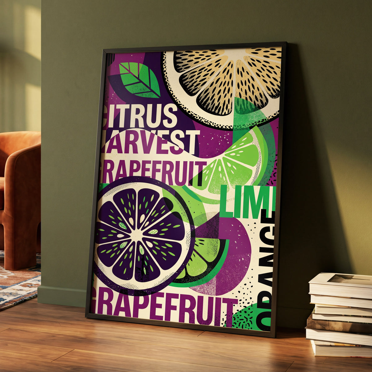 Citrus Harvest Collage, purple, green, beige nature wall art displayed in a styled interior, gallery view 5