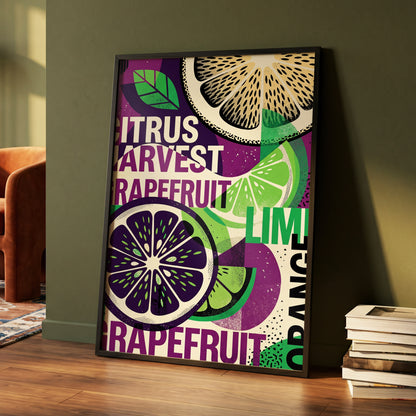 Citrus Harvest Collage, purple, green, beige nature wall art displayed in a styled interior, gallery view 5
