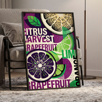 Citrus Harvest Collage, purple, green, beige nature wall art displayed in a styled interior, gallery view 6