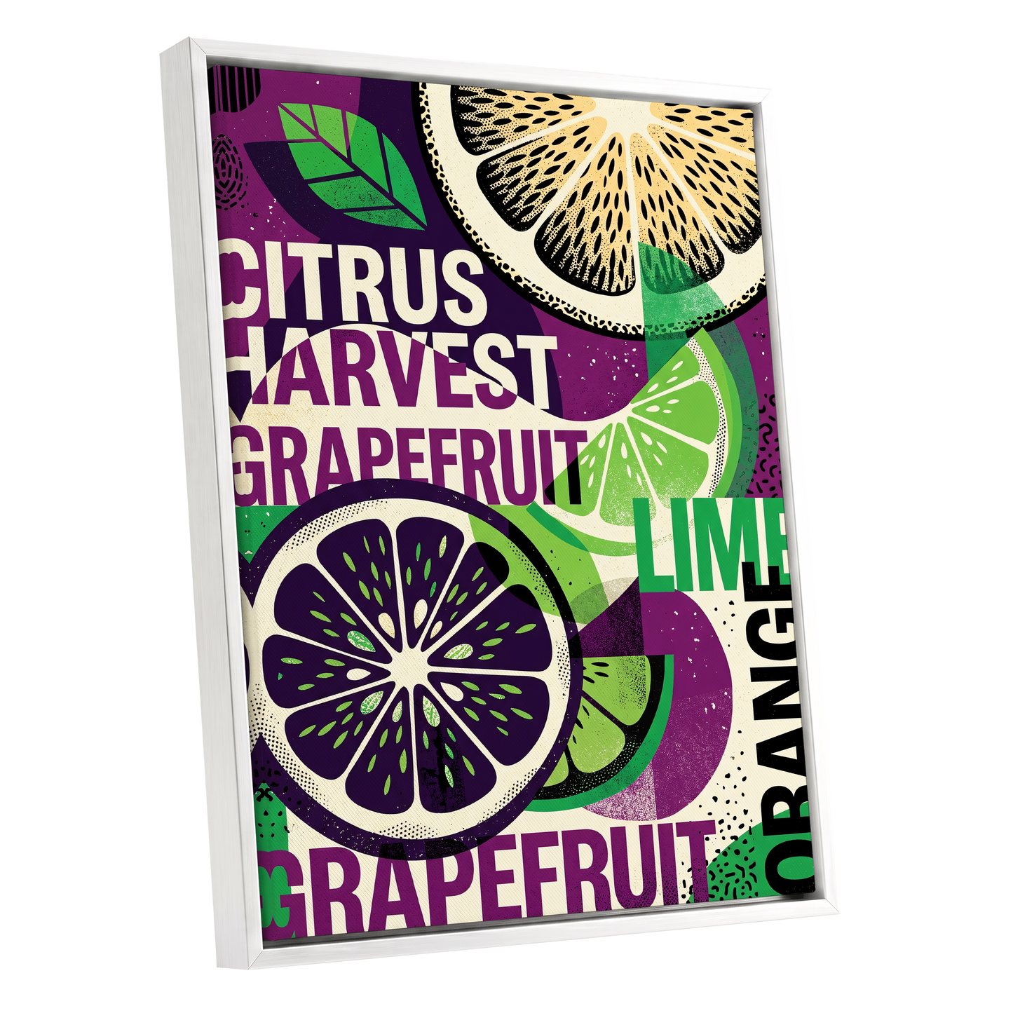 Citrus Harvest Collage, purple, green, beige nature wall art shown as a white framed canvas wall art