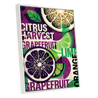 Citrus Harvest Collage, purple, green, beige nature wall art shown as a white framed canvas wall art
