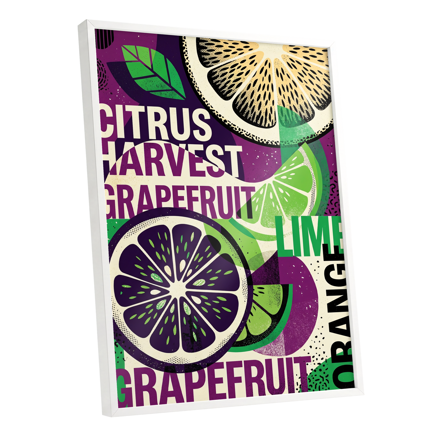 Citrus Harvest Collage, purple, green, beige nature wall art shown as a white framed poster wall art print